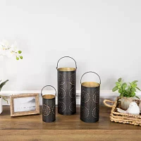 Set of 3 Black and Gold Decorative Floral Cut-Out Pillar Candle Lanterns 12.5"