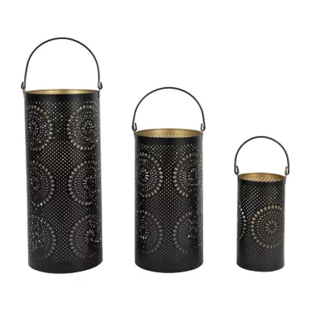 Set of 3 Black and Gold Decorative Floral Cut-Out Pillar Candle Lanterns 12.5"