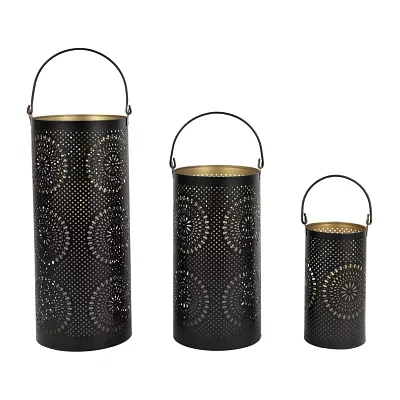 Set of 3 Black and Gold Decorative Floral Cut-Out Pillar Candle Lanterns 12.5"