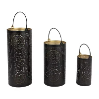 Set of 3 Black and Gold Decorative Floral Cut-Out Pillar Candle Lanterns 12.5"