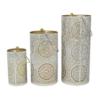 Set of 3 White and Gold Moroccan Style Pillar Candle Lanterns 10"