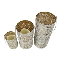 Set of 3 White and Gold Moroccan Style Pillar Candle Lanterns 10"