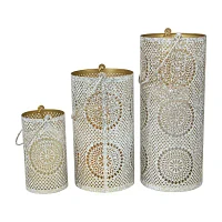 Set of 3 White and Gold Moroccan Style Pillar Candle Lanterns 10"