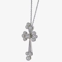 Womens White Cultured Freshwater Pearl Sterling Silver Cross Pendant Necklace