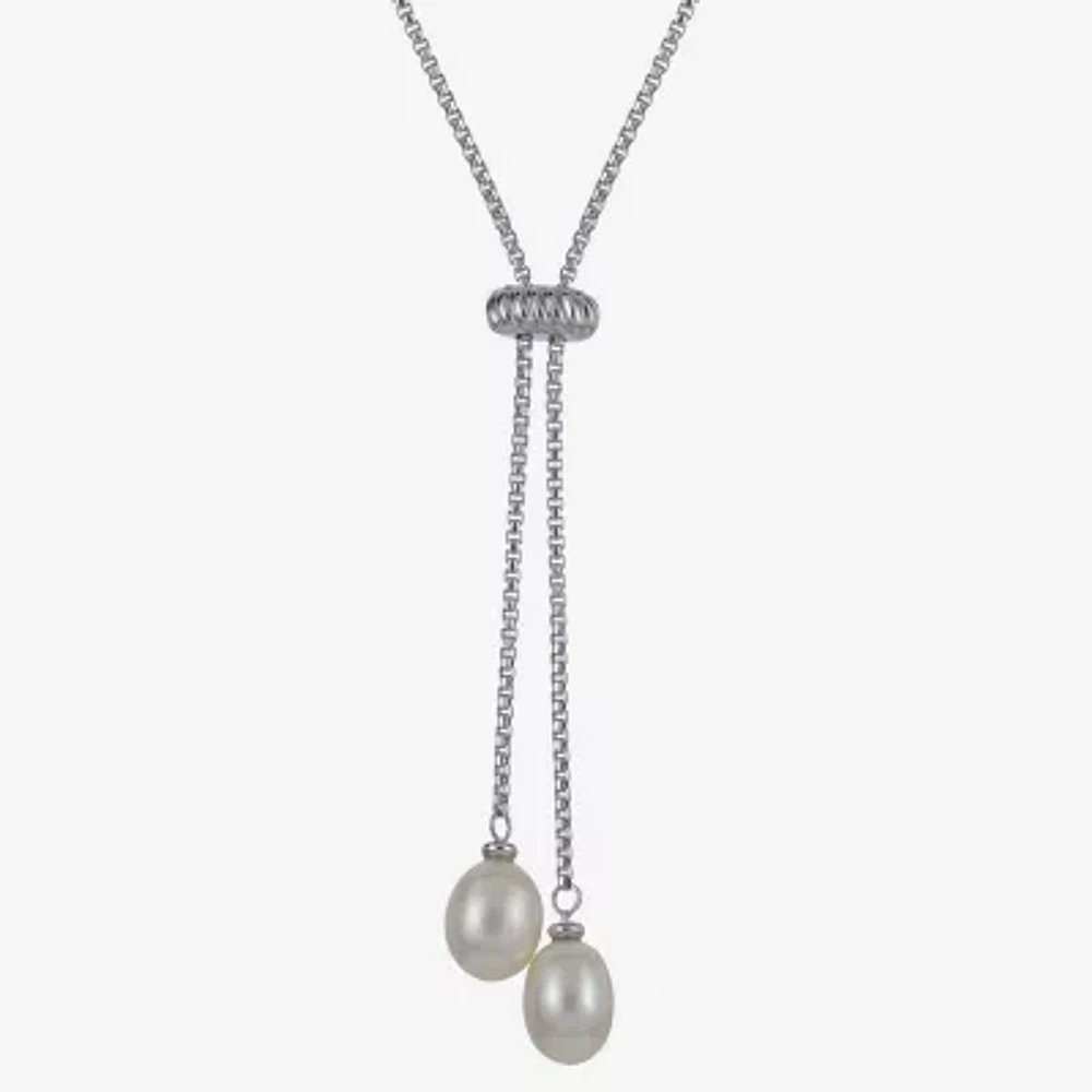 Womens White Cultured Freshwater Pearl Sterling Silver Y Necklace