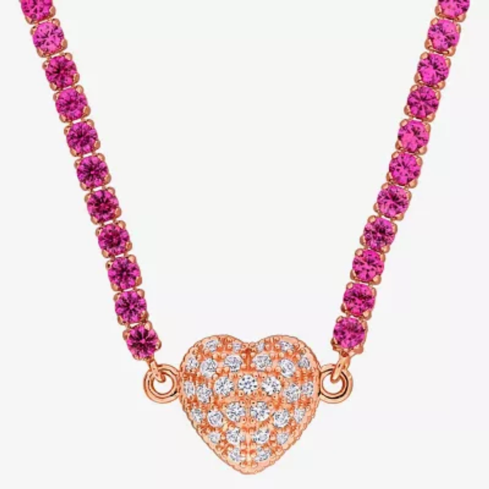 Womens Lab Created Pink Sapphire 18K Rose Gold Over Silver Heart Tennis Necklaces