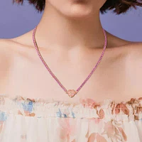 Womens Lab Created Pink Sapphire 18K Rose Gold Over Silver Heart Tennis Necklaces