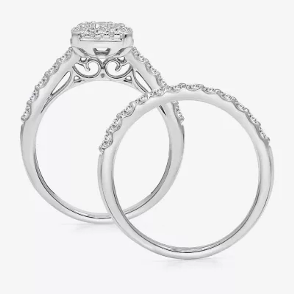 I / I1) Womens CT. T.W. Lab Grown White Diamond 10K Gold Side Stone Halo Bridal Set