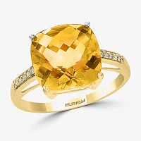 Effy  Womens Diamond Accent Genuine Orange Citrine 14K Gold Cushion Side Stone Solitaire Cocktail Ring