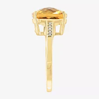 Effy  Womens Diamond Accent Genuine Orange Citrine 14K Gold Cushion Side Stone Solitaire Cocktail Ring