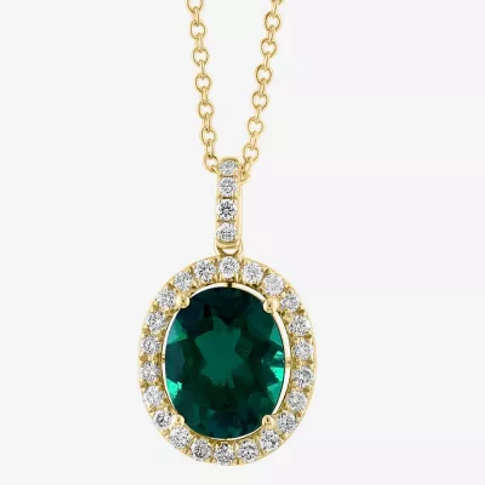 Effy  Womens 1/3 CT. T.W. Lab Created Green Emerald 14K Gold Oval Pendant Necklace