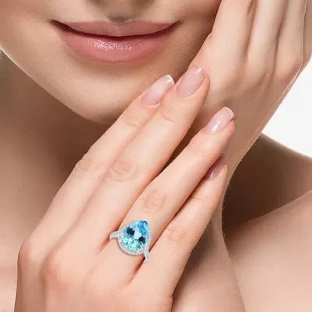 Effy  Womens Genuine Blue Topaz Sterling Silver Pear Halo Cocktail Ring