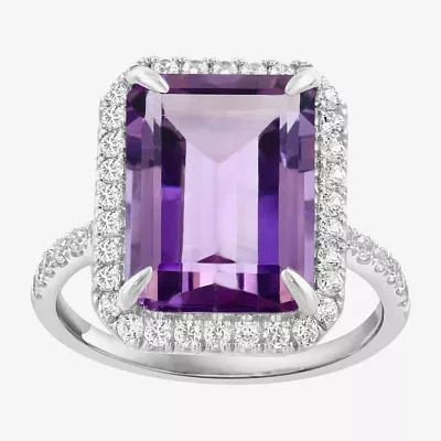 Effy  Womens Genuine Purple Amethyst Sterling Silver Halo Side Stone Cocktail Ring