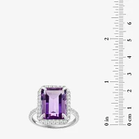 Effy  Womens Genuine Purple Amethyst Sterling Silver Halo Side Stone Cocktail Ring