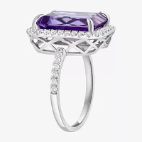 Effy  Womens Genuine Purple Amethyst Sterling Silver Halo Side Stone Cocktail Ring