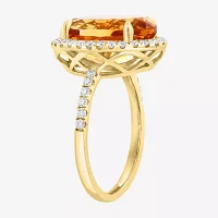 Effy  Womens Genuine Orange Citrine 14K Gold Over Silver Sterling Oval Halo Side Stone Cocktail Ring