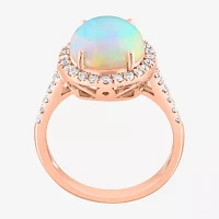 Effy  Womens Genuine White Opal 14K Rose Gold Over Silver Sterling Oval Halo Side Stone Cocktail Ring