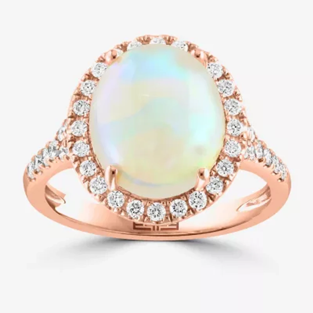 Effy Womens Genuine White Opal 14K Rose Gold Over Silver Sterling Oval Halo Side Stone Cocktail Ring