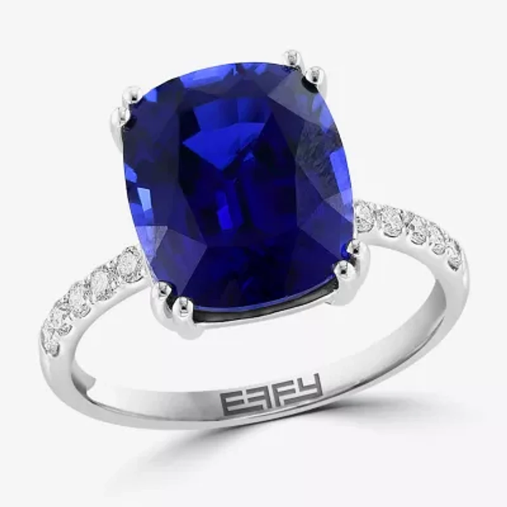 Effy Womens 1/5 CT. Lab Created Blue Sapphire 14K White Gold Cushion Solitaire Cocktail Ring