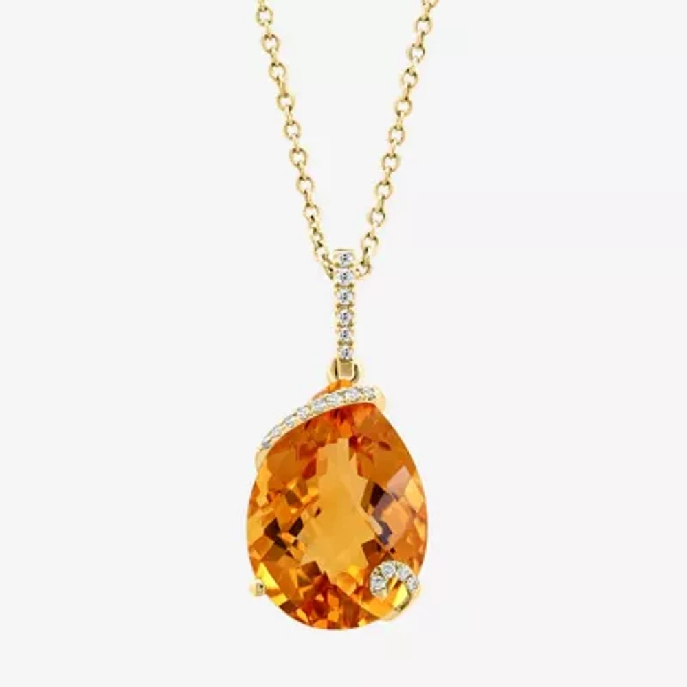 Effy  Womens Diamond Accent Genuine Orange Citrine 14K Gold Pear Pendant Necklace