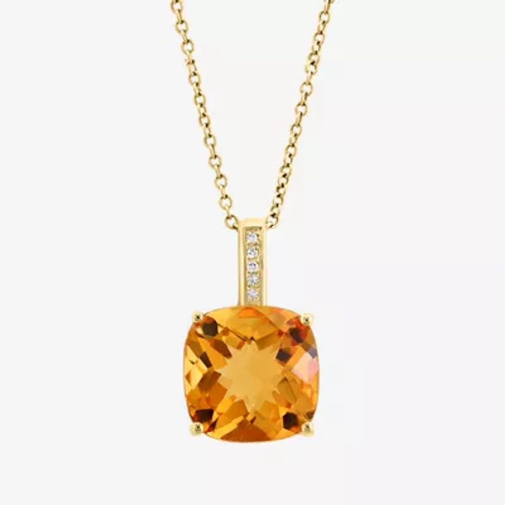 Effy  Womens Diamond Accent Genuine Orange Citrine 14K Gold Cushion Pendant Necklace