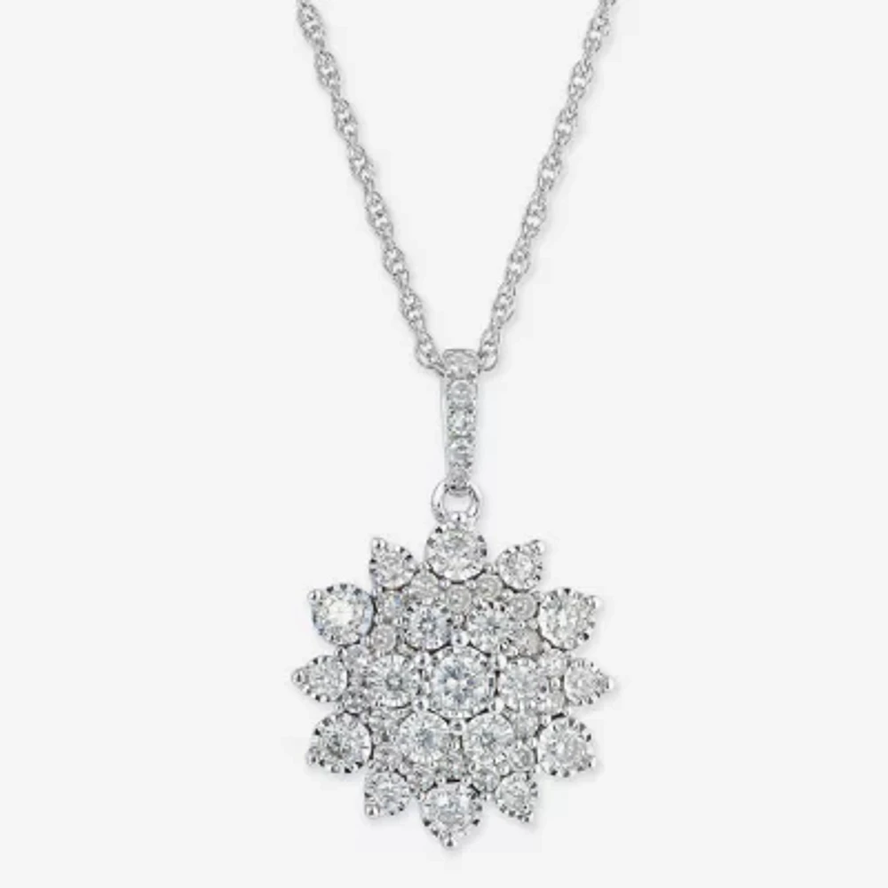 Effy  Womens 1/2 CT. T.W. Natural White Diamond Sterling Silver Flower Pendant Necklace