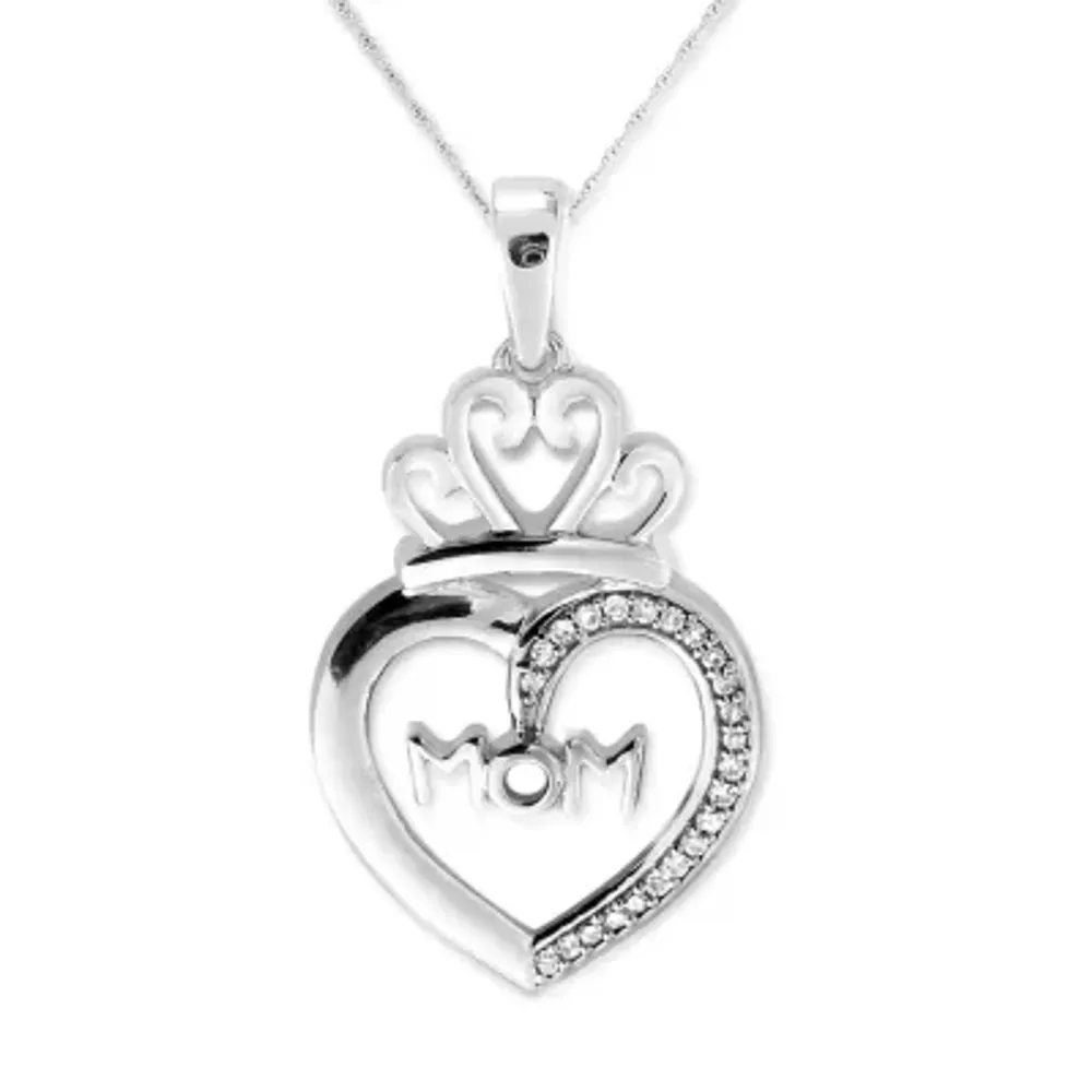 Mom" Womens Diamond Accent Natural White Diamond Sterling Silver Heart Pendant Necklace
