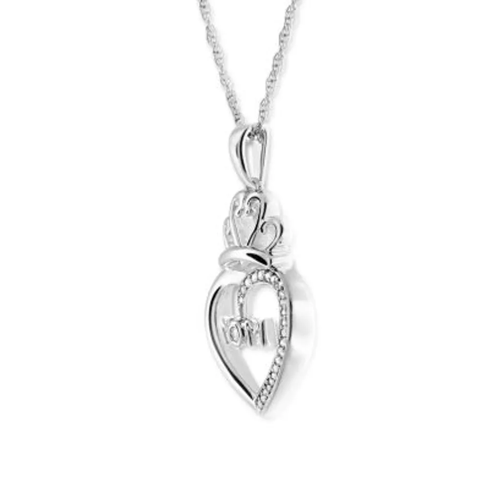 Mom" Womens Diamond Accent Natural White Diamond Sterling Silver Heart Pendant Necklace