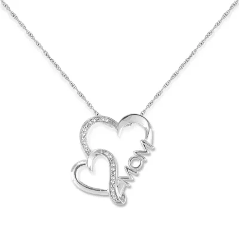 Mom" Womens Diamond Accent Natural White Diamond Sterling Silver Heart Pendant Necklace