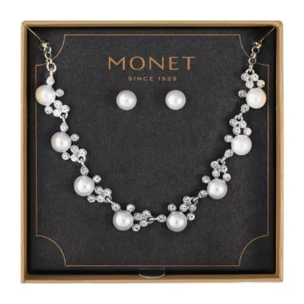 Monet Jewelry Silver Tone Collar Necklace And Stud Earring 2-pc. Simulated Pearl Jewelry Set