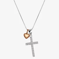 Footnotes Cubic Zirconia Sterling Silver 16 Inch Cable Cross Heart Pendant Necklace