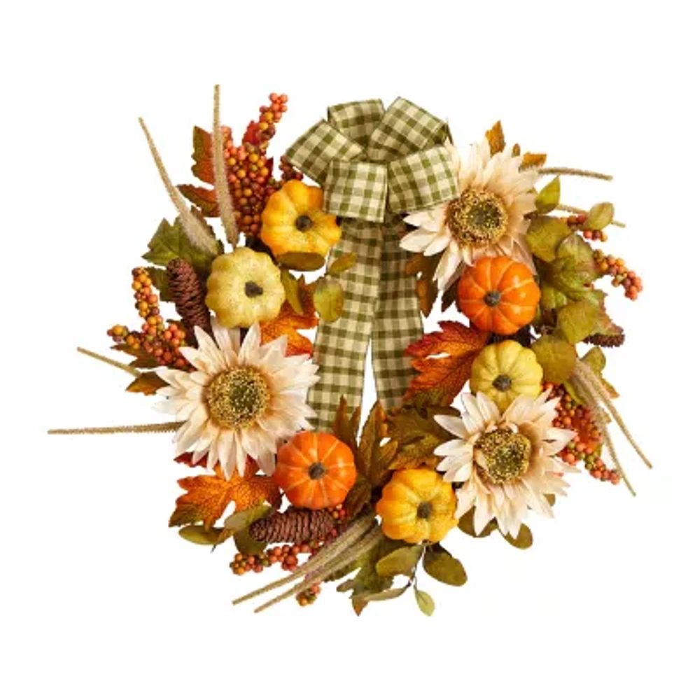 Nearly Natural 24" Fall Pumpkin Sunflower Faux Wreath