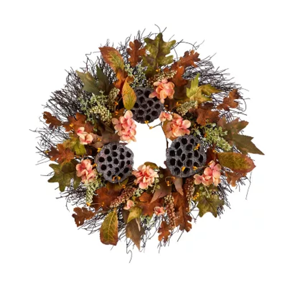 Nearly Natural "22"" Hydrangea Dried Lotus Pod Faux" Wreath