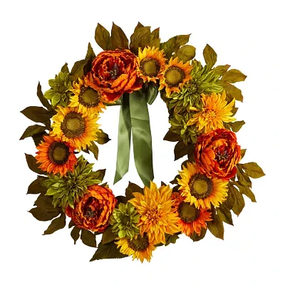 Nearly Natural 2ft Peony Dahlia & Sunflower Faux Indoor Wreath