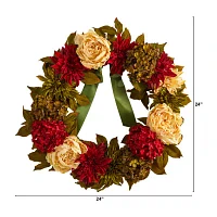 Nearly Natural 24" Peony Dahlia Hydrangea Faux Wreath