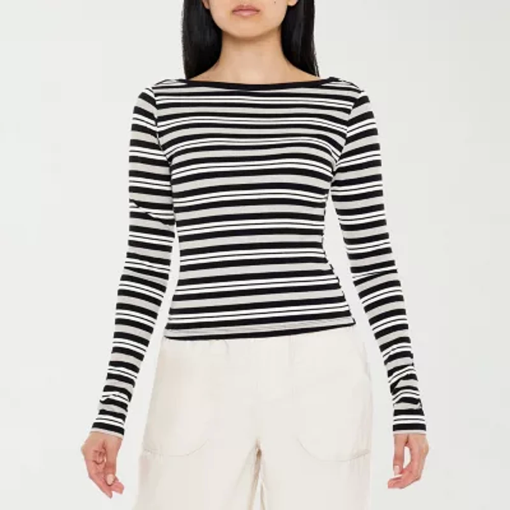 Forever 21 Long Sleeve Baby Tee Stripe Womens Juniors Scoop Neck T-Shirt