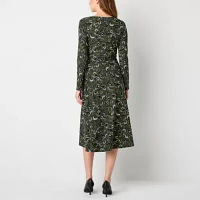 Perceptions Womens Long Sleeve Paisley Midi Fit + Flare Dress