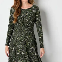 Perceptions Womens Long Sleeve Paisley Midi Fit + Flare Dress