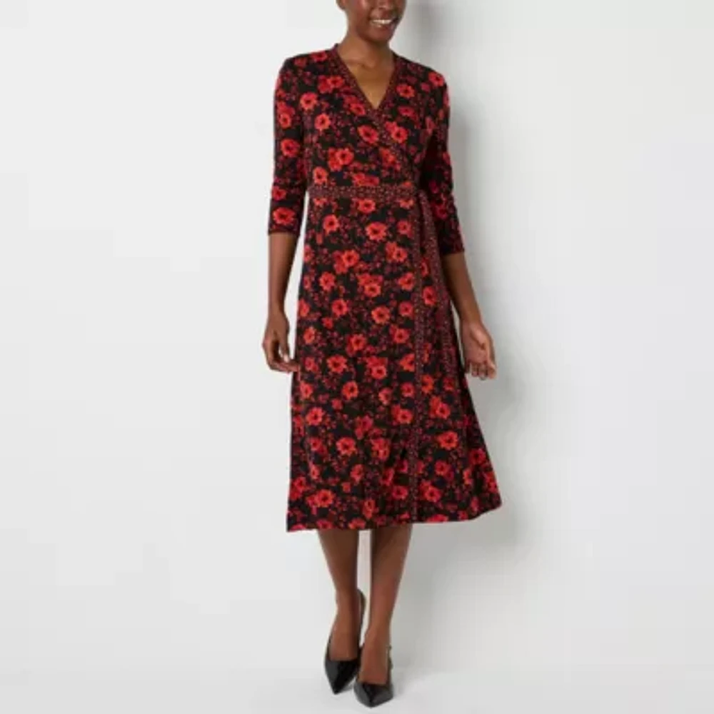 Perceptions 3/4 Sleeve Floral Reversible Midi Wrap Dress