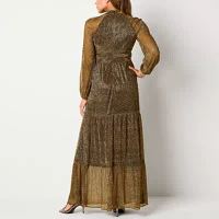 Danny & Nicole Womens Long Sleeve Belted Confetti Evening Gown