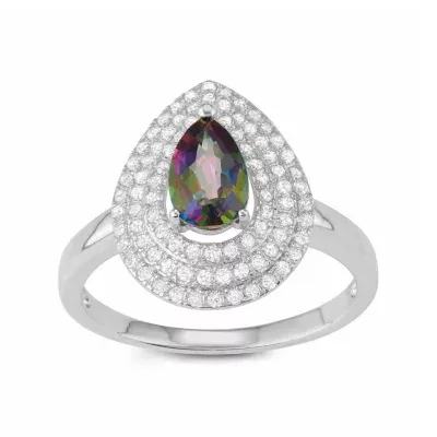 Womens Genuine Mystic Fire Topaz Sterling Silver Halo Cocktail Ring