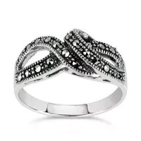 Womens Black Marcasite Sterling Silver Cocktail Ring