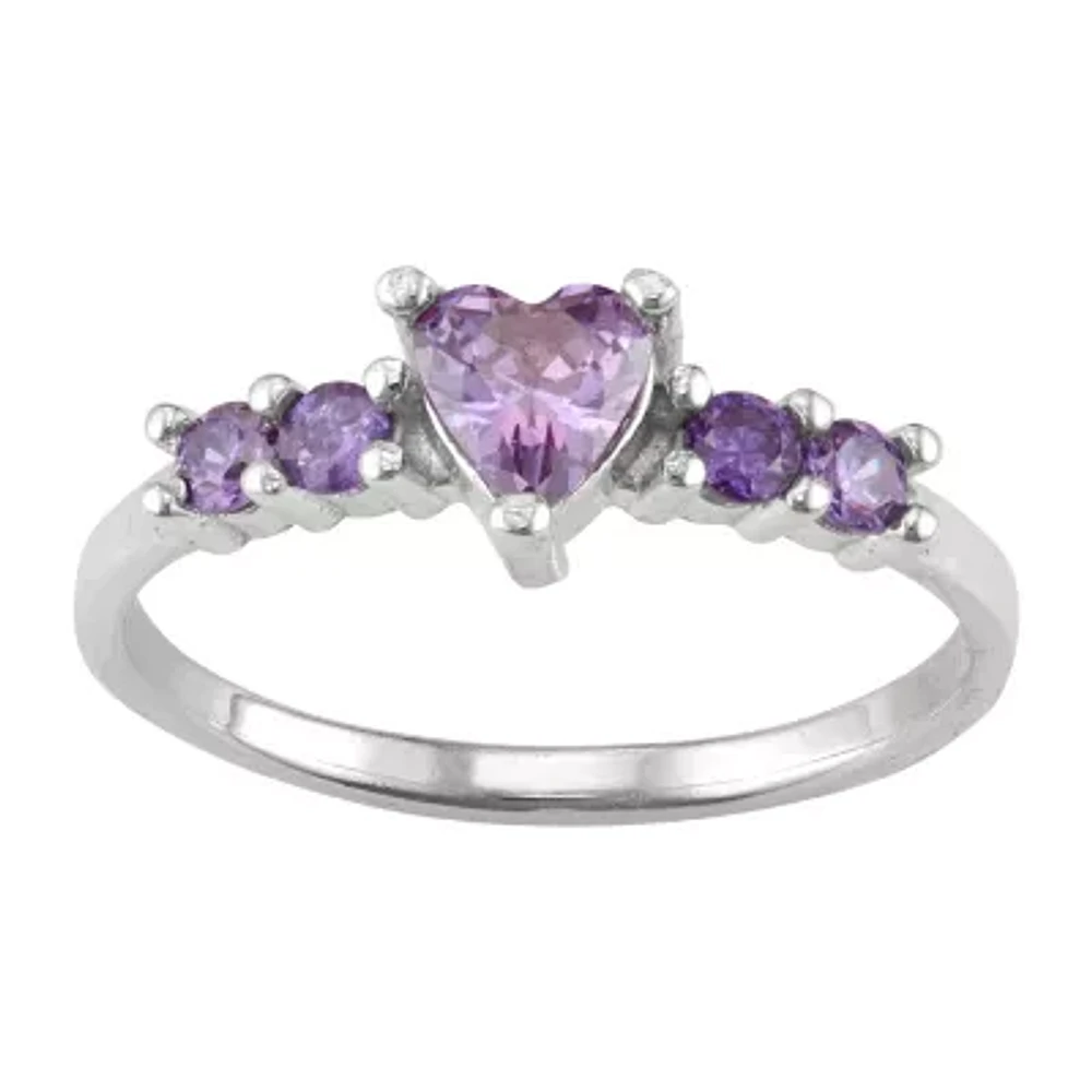 Girls Purple Cubic Zirconia Sterling Silver Heart Cocktail Ring