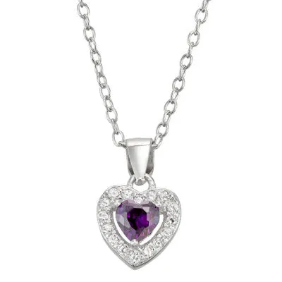 Girls Cubic Zirconia Sterling Silver Heart 15 Inch Pendant Necklace