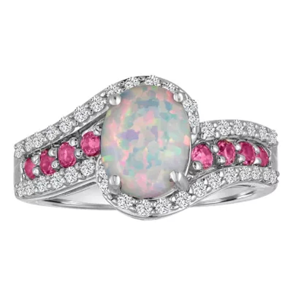 Lab Created Opal, Pink & White Sapphire Sterling Silver Ring