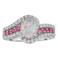 Lab Created Opal, Pink & White Sapphire Sterling Silver Ring