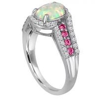 Lab Created Opal, Pink & White Sapphire Sterling Silver Ring