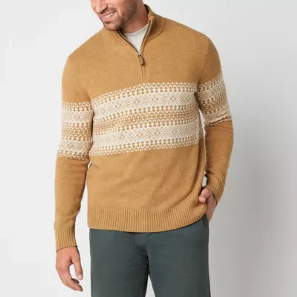 St. John's Bay Fairisle Quarter Zip Mens Mock Neck Long Sleeve Pullover Sweater