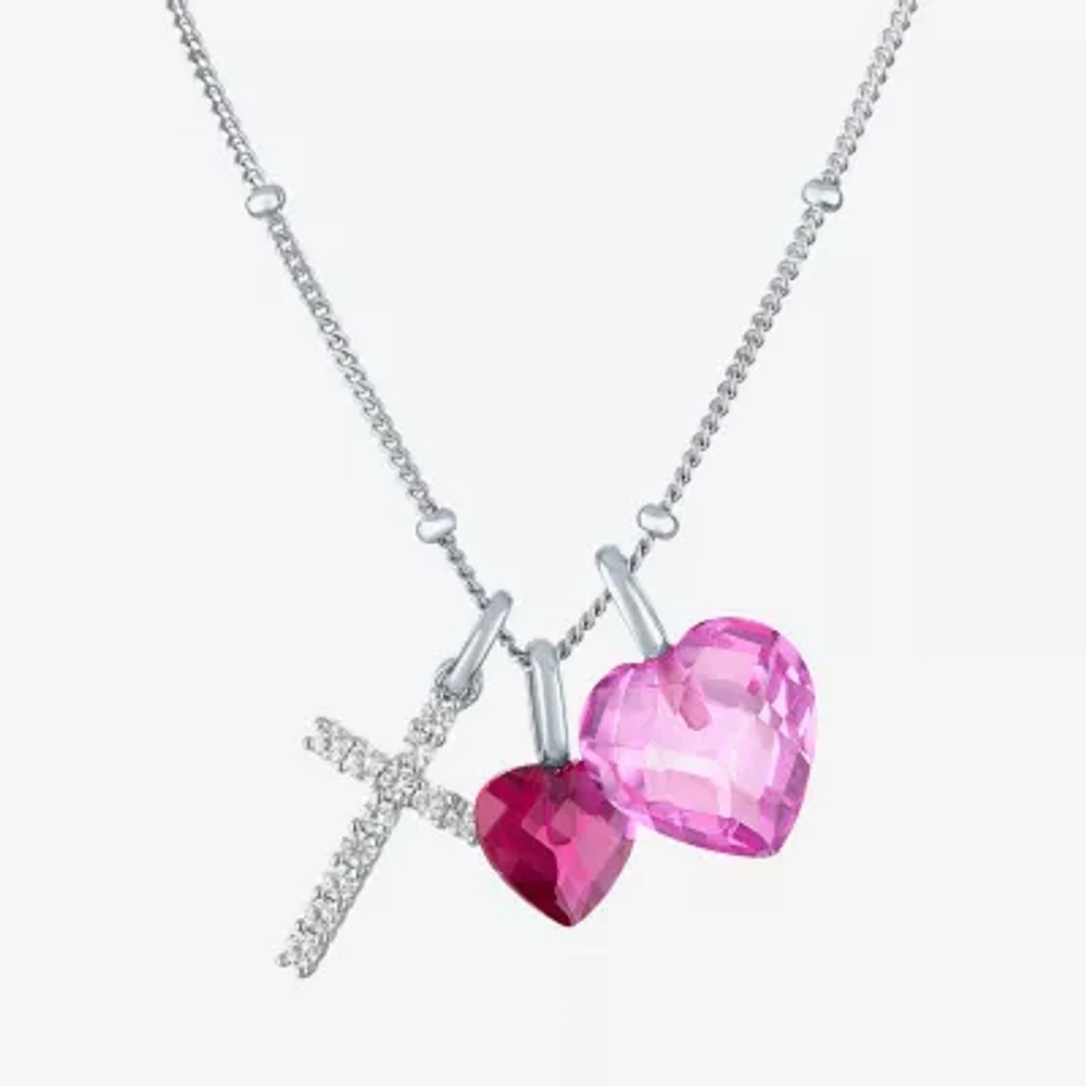 Womens Lab Created Pink Sapphire Sterling Silver Cross Heart Pendant Necklaces