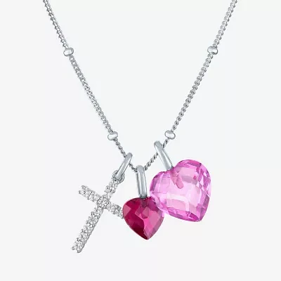 Womens Lab Created Pink Sapphire Sterling Silver Cross Heart Pendant Necklaces